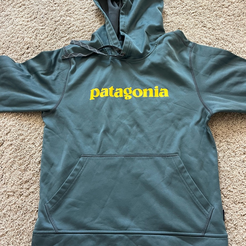 Patagonia Teal Hoodie with Yellow Logo